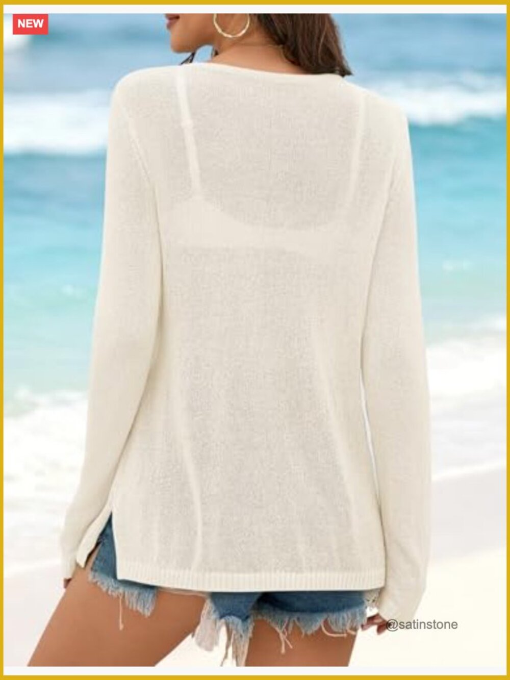 Letter Print Long Sleeve Crochet Sweater Crew Neck Split Hem Pullover Cover Up - Picture 4 of 7